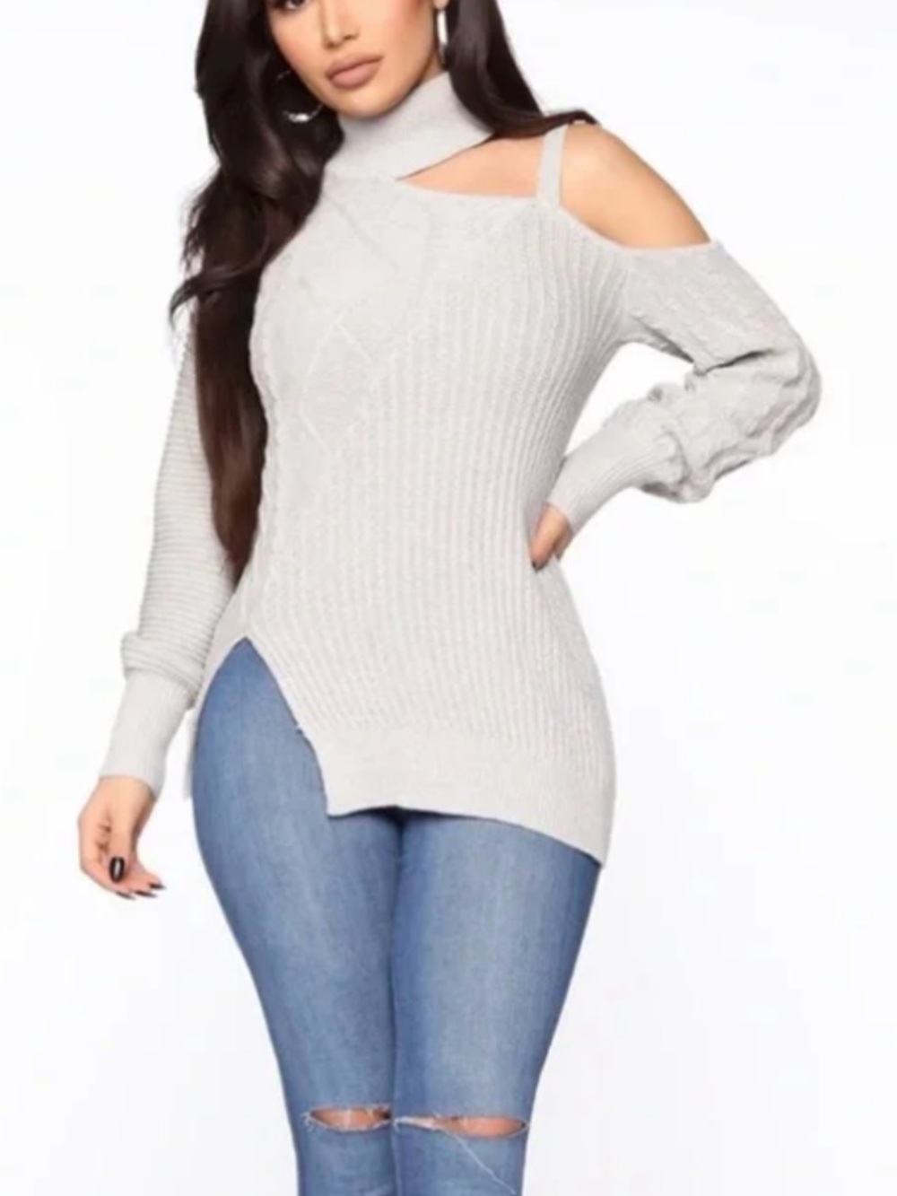 Size Large Light Gray Off-Shoulder Ribbed Side-Split Sweater